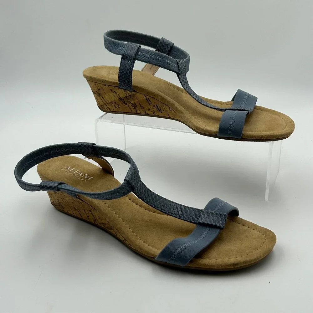 Alfani Voyage Wedge Sandals Womens 9M Blue T-Strap Cork Heel Coastal Summer